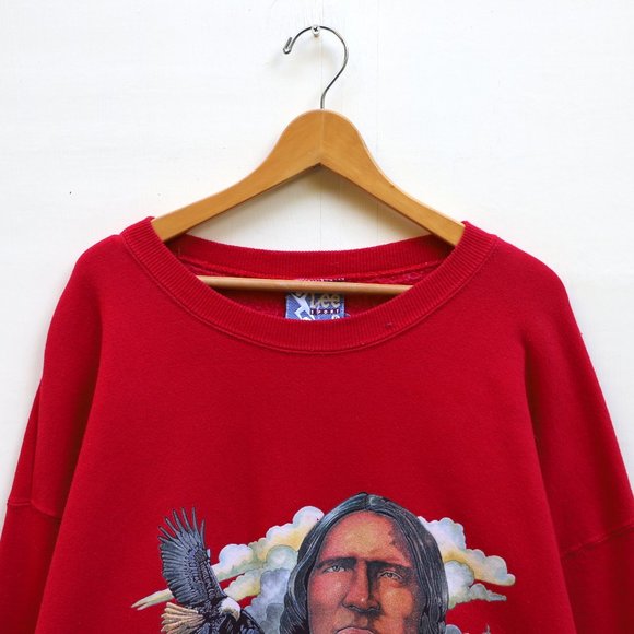 Vintage Lee Sport XL Native American Indian Tribe Man Crewneck Sweatshirt Red - Picture 3 of 10